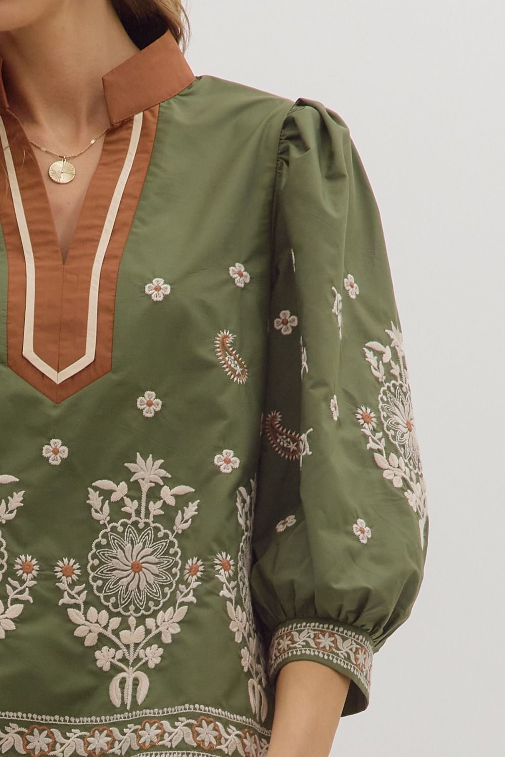 Olive Embroidered Top