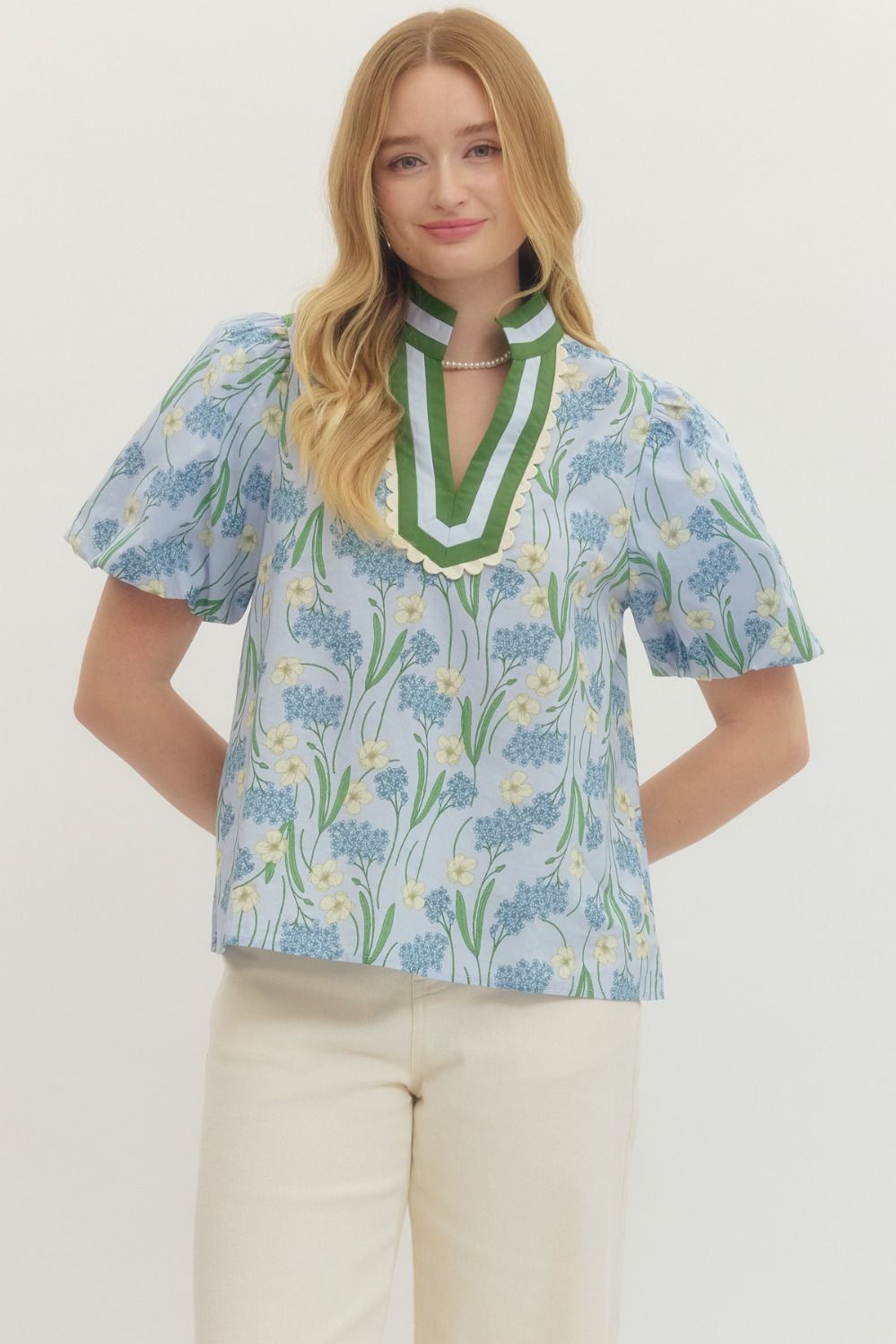 Blue Floral Puff Sleeve Top