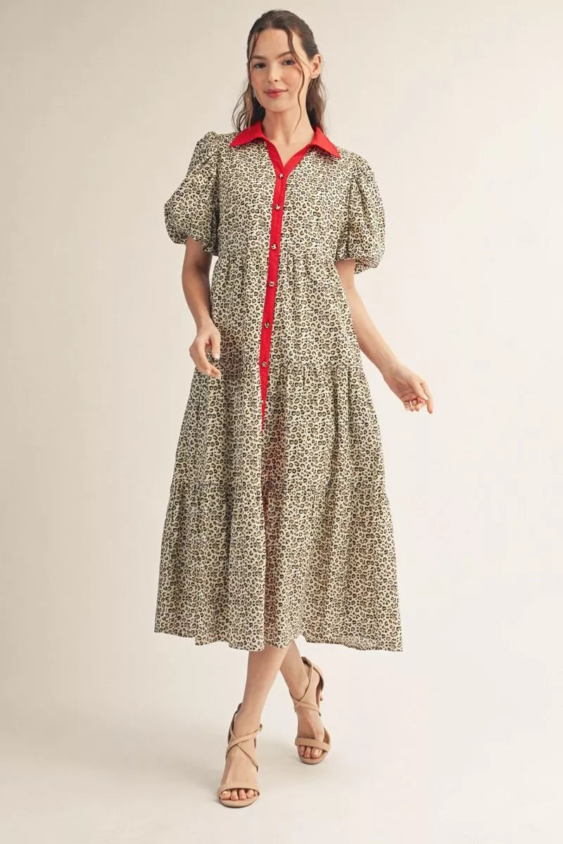 Red Trim Leopard Midi Dress
