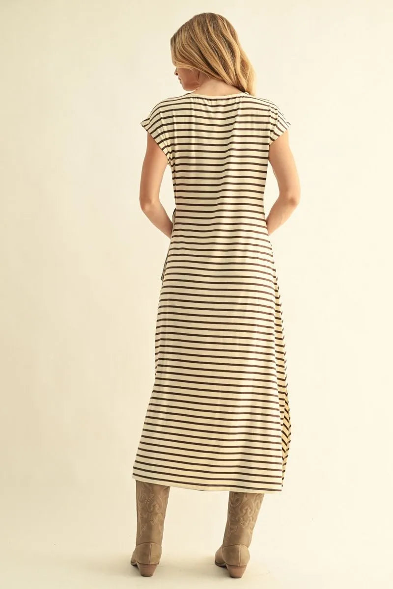 Brown Stripe Waist Tie Dress