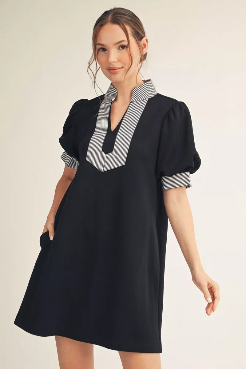 Black Puff Striped Dress