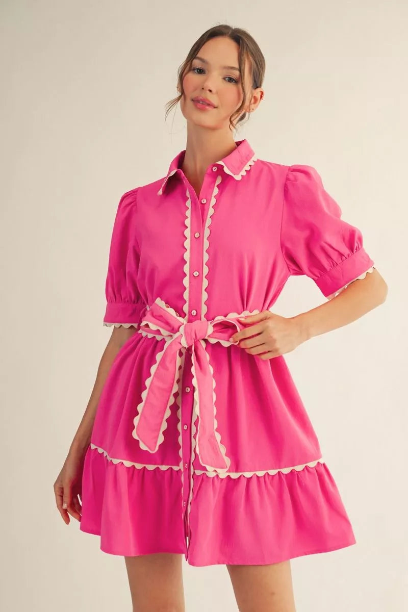 Pink Scallop Puff Sleeve Dress