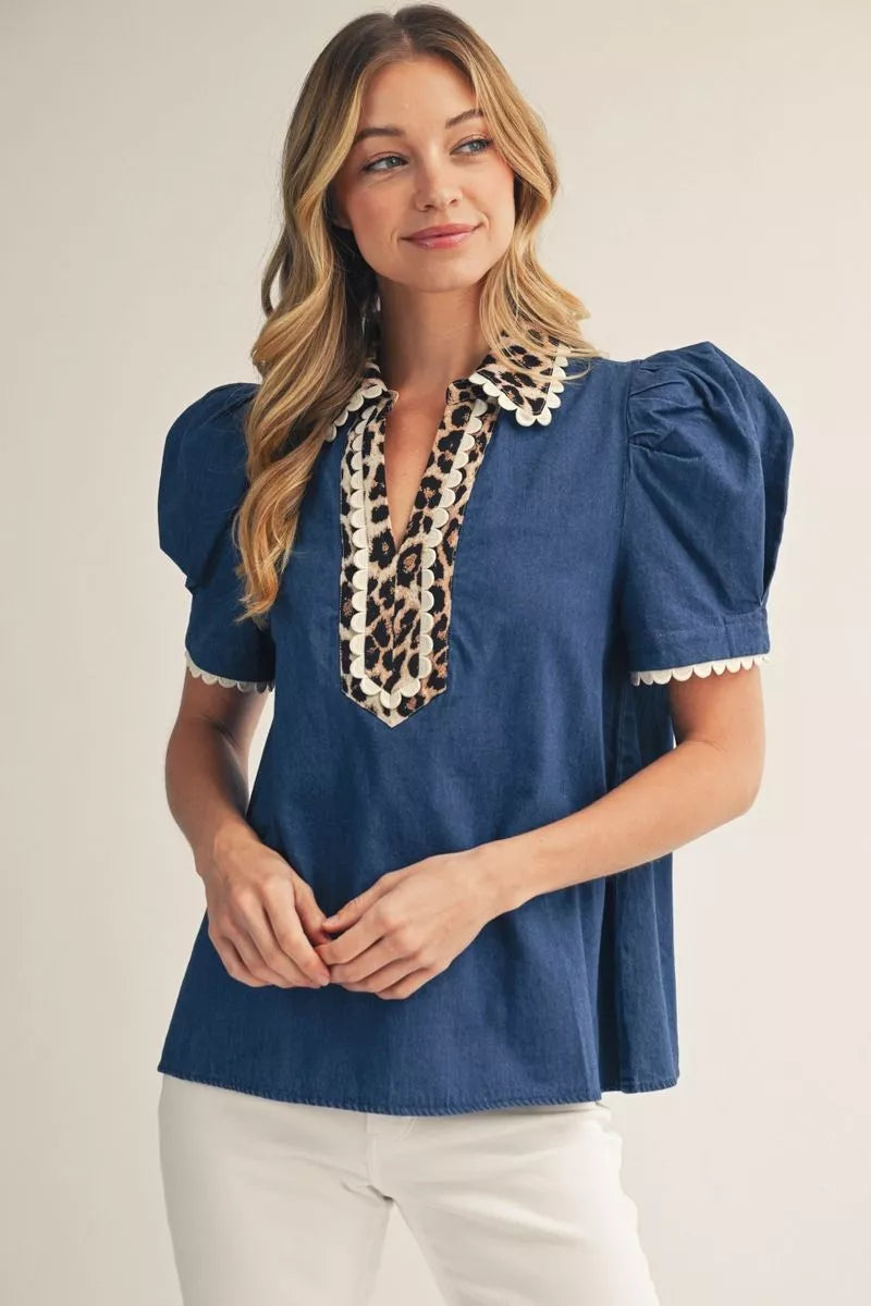 Denim Scallop Leopard Top