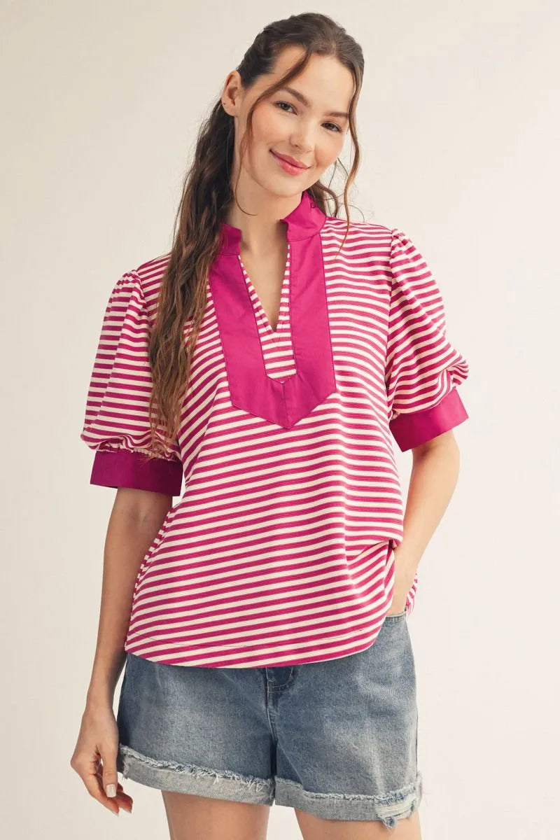 Magenta Puff Striped Top