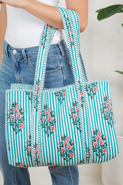 Turquoise Floral Quilted Tote Bag