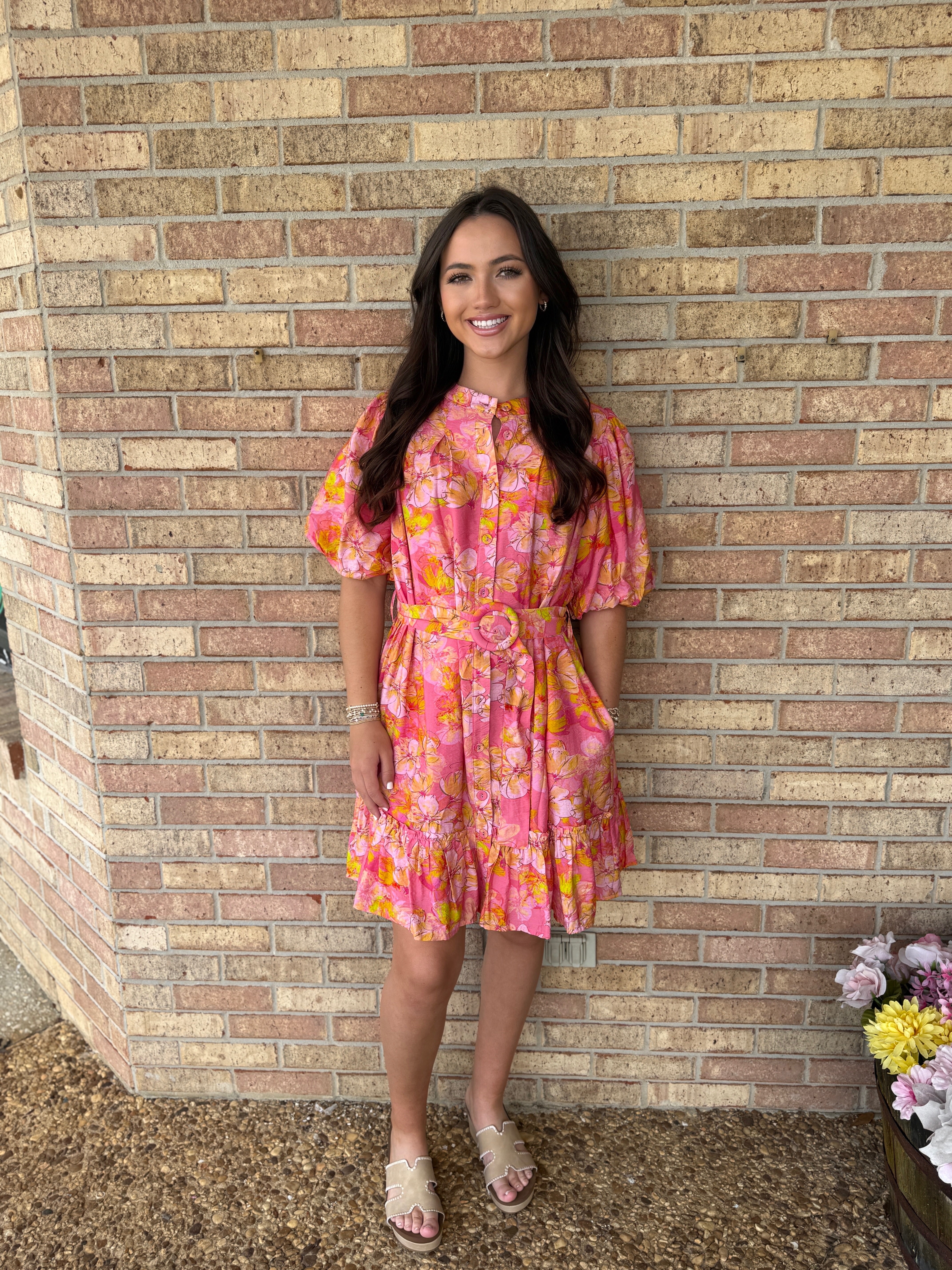 Pink Floral Belt Dress