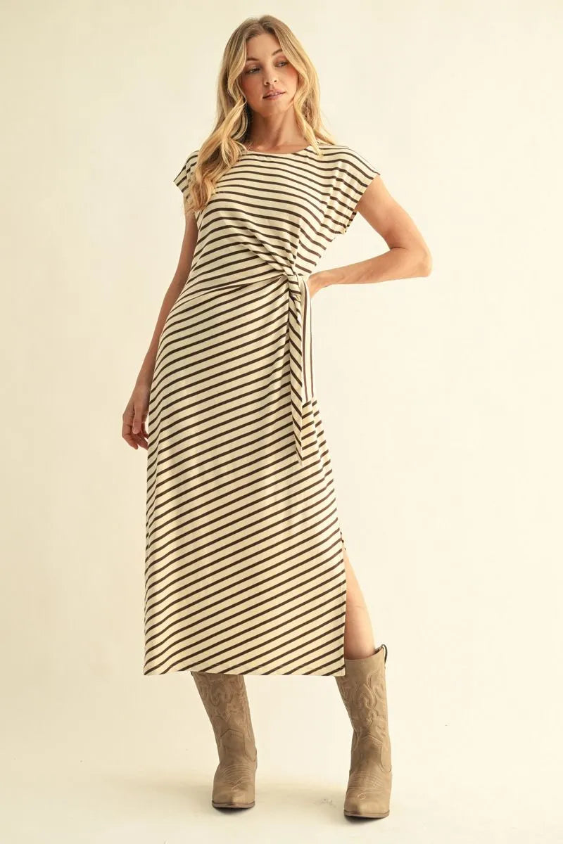 Brown Stripe Waist Tie Dress