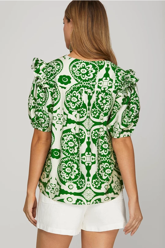 Green Woven V Neck Top