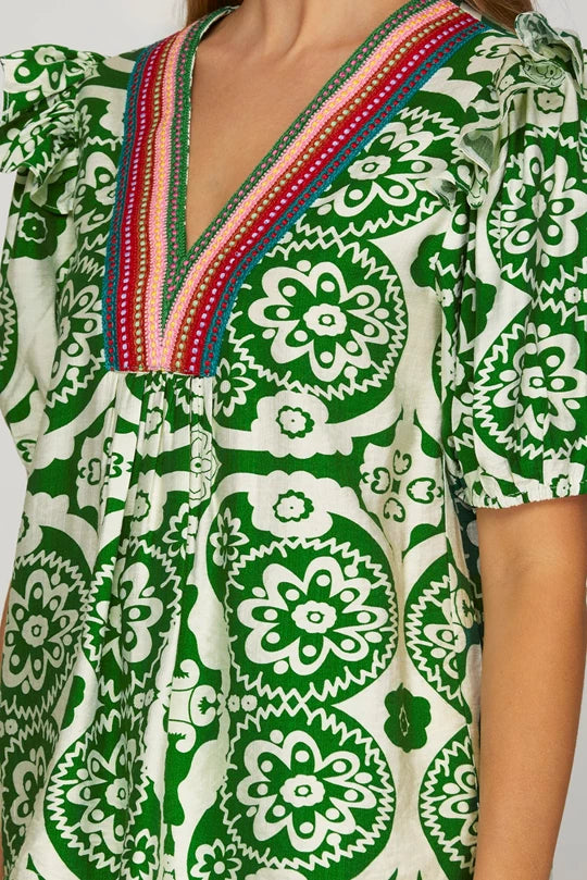 Green Woven V Neck Top