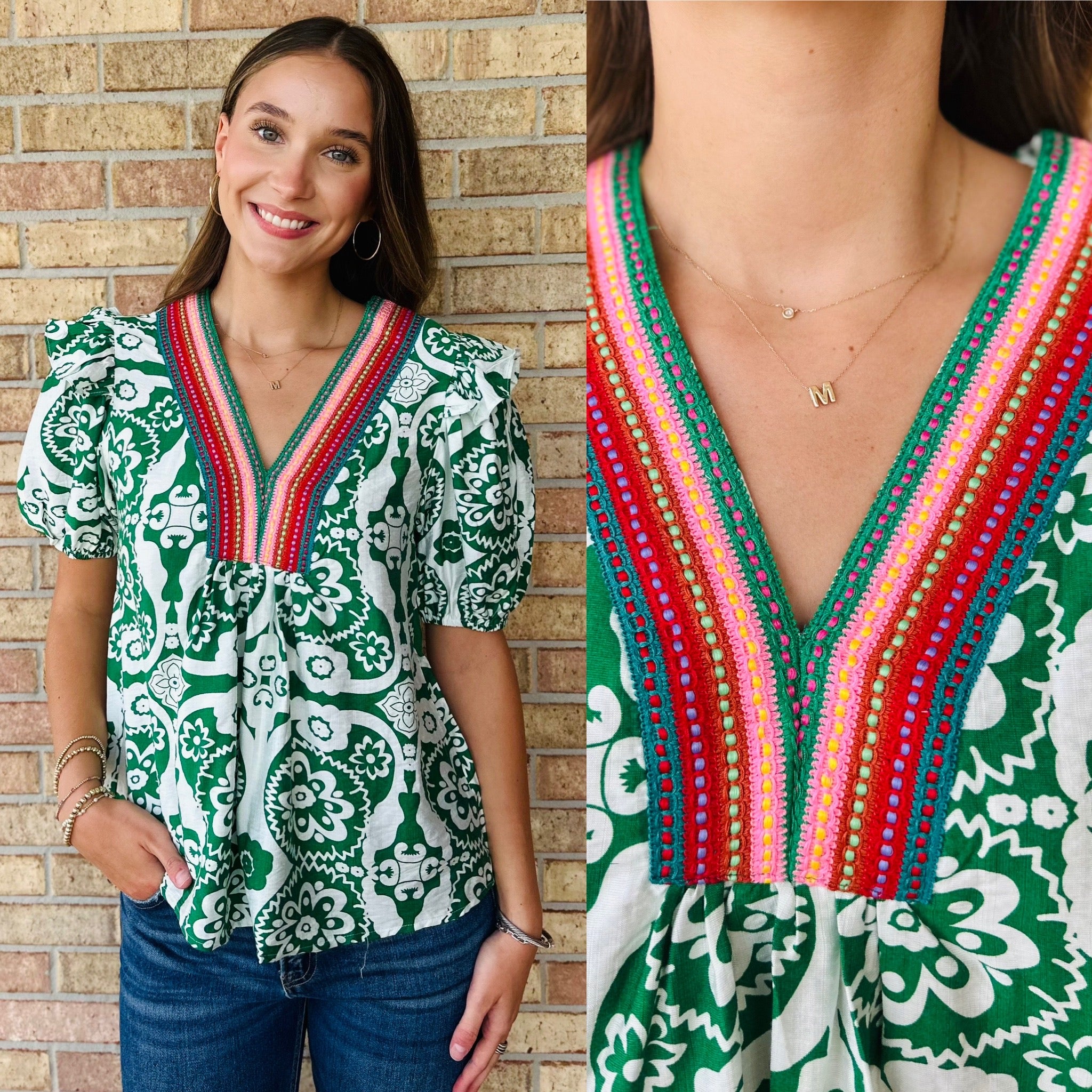Green Woven V Neck Top