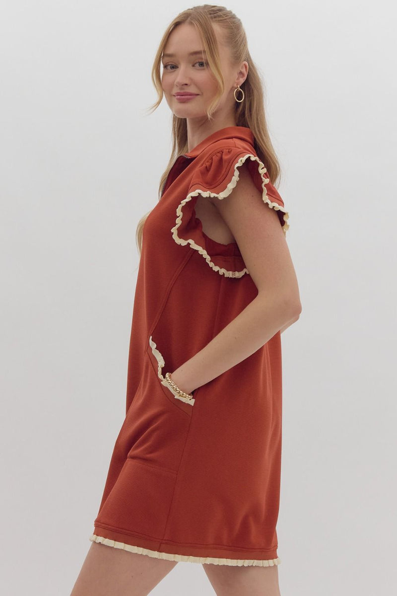 Rust Ruffle Collared Dress