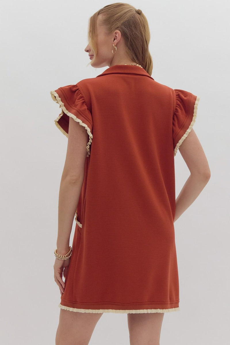 Rust Ruffle Collared Dress