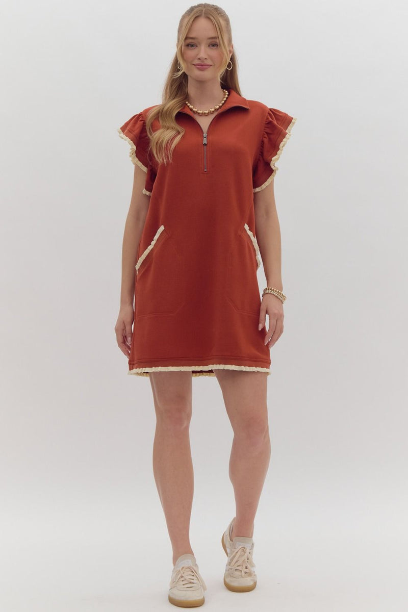 Rust Ruffle Collared Dress