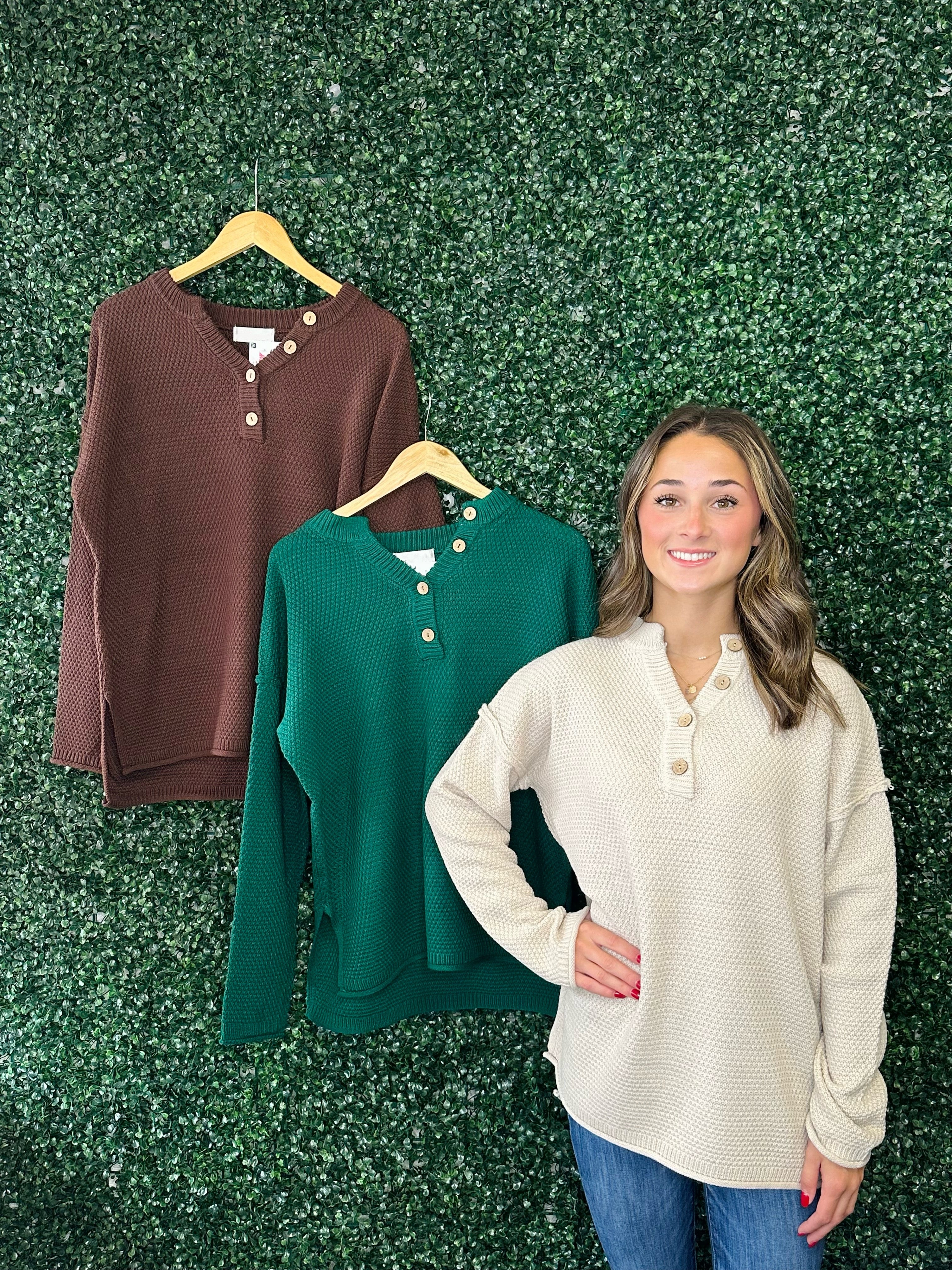 Buttoned Henley Basic Sweater