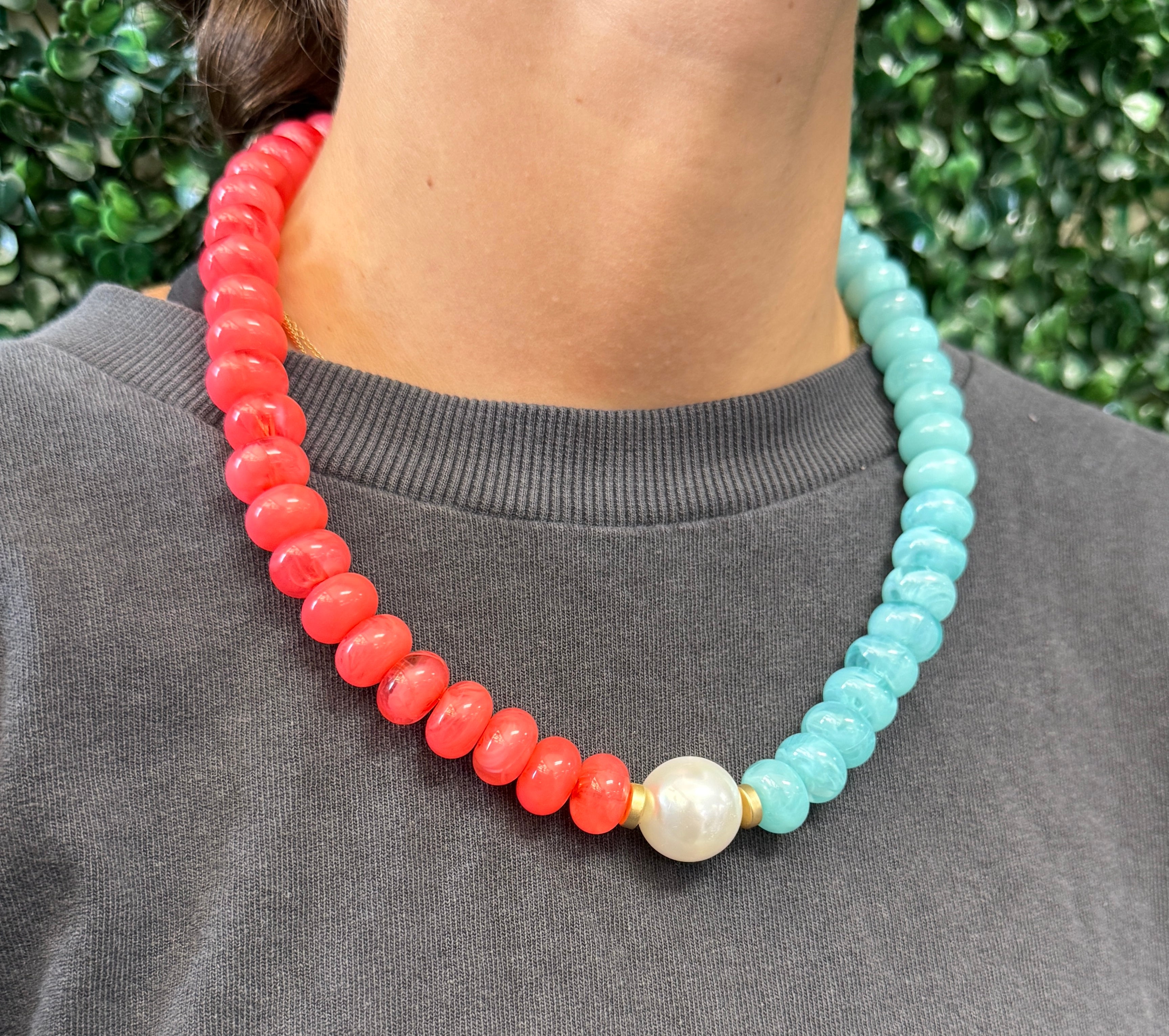 Aqua/Coral Bead Necklace