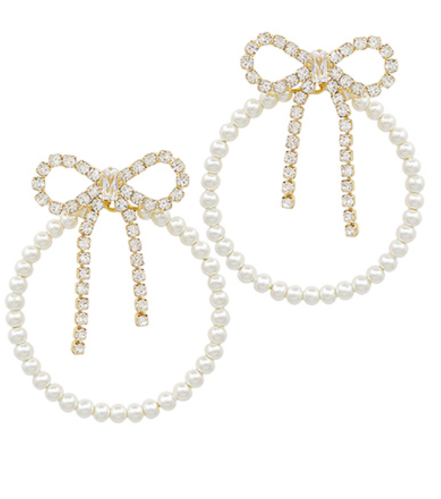 Pearl Bead Circle & Crystal Bow Earrings