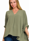 Woven V-Neck Puff Sleeve Top