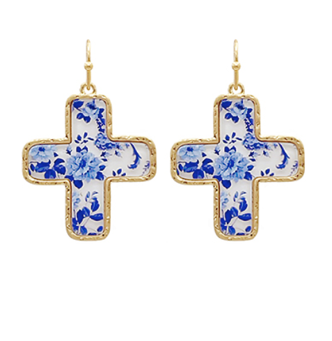 Cross Blue Flower Earrings