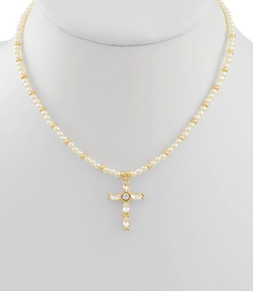 Pearl Crystal Cross Necklace