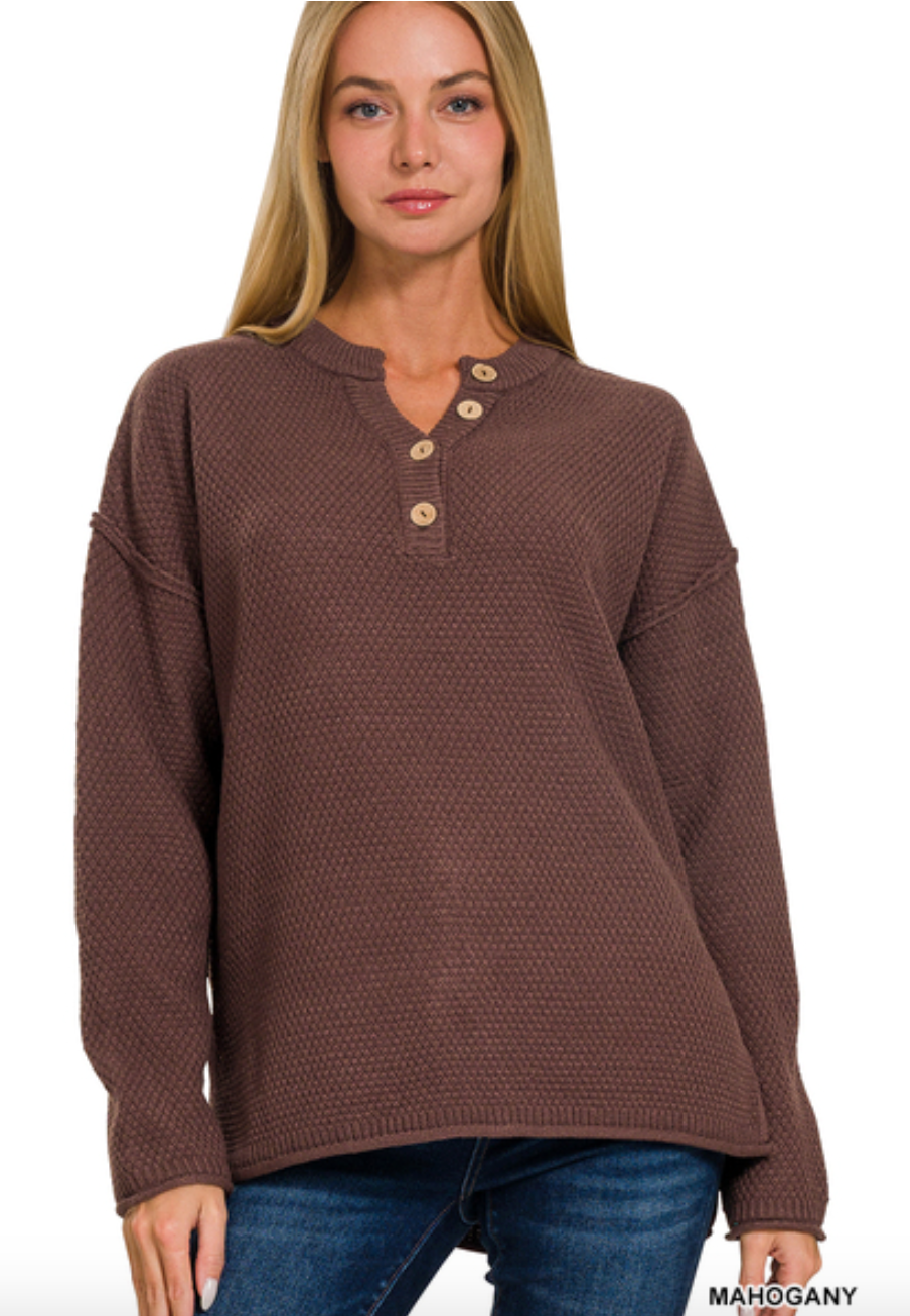 Buttoned Henley Basic Sweater