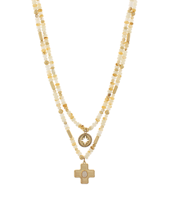 Cross Charm Layered Bead Necklace