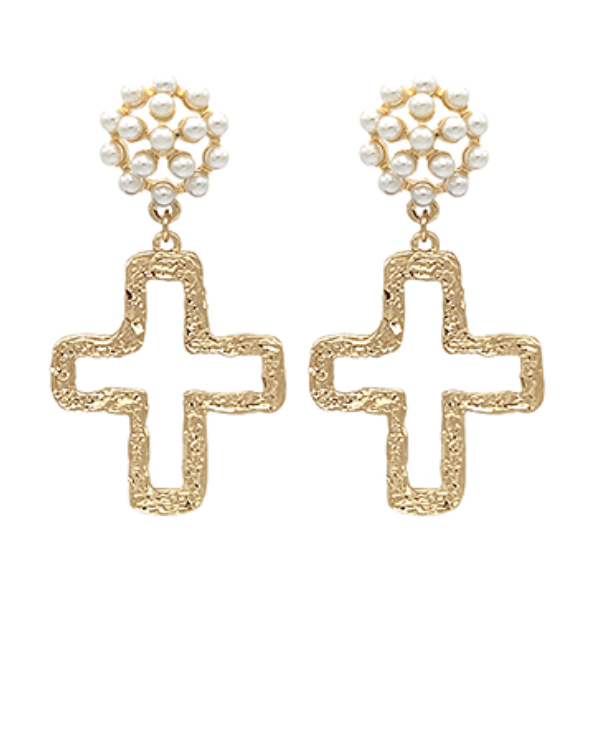 Cutout Cross & Pearl Earrings