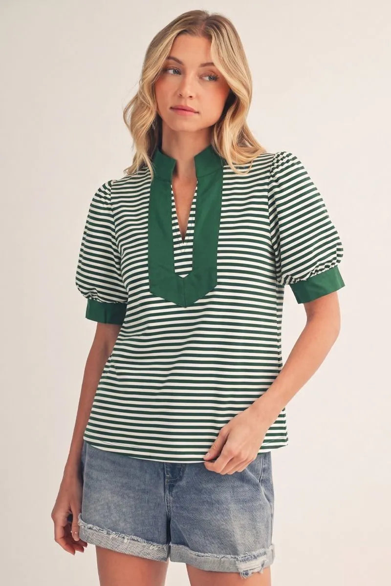 Hunter Green Puff Striped Top
