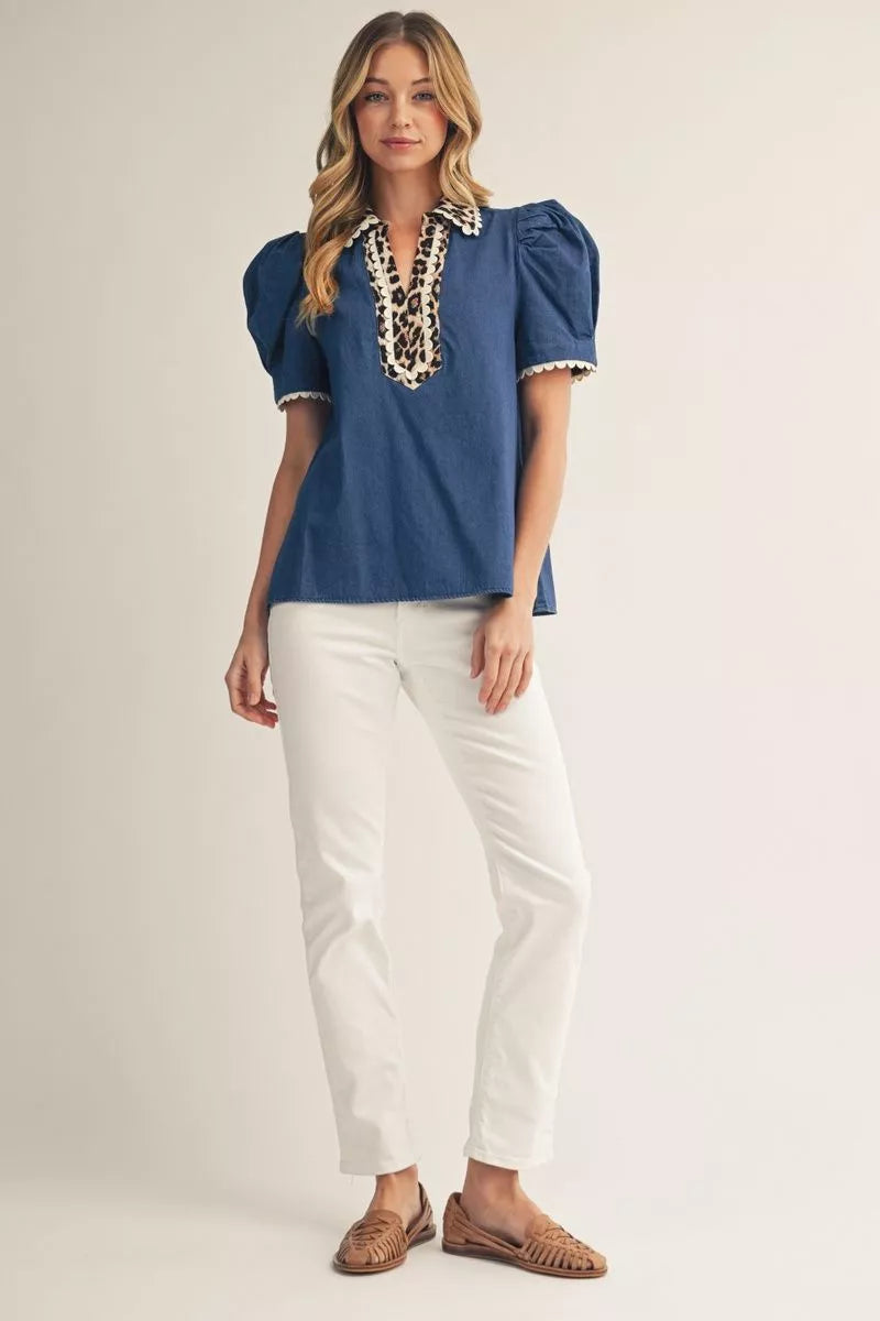 Denim Scallop Leopard Top