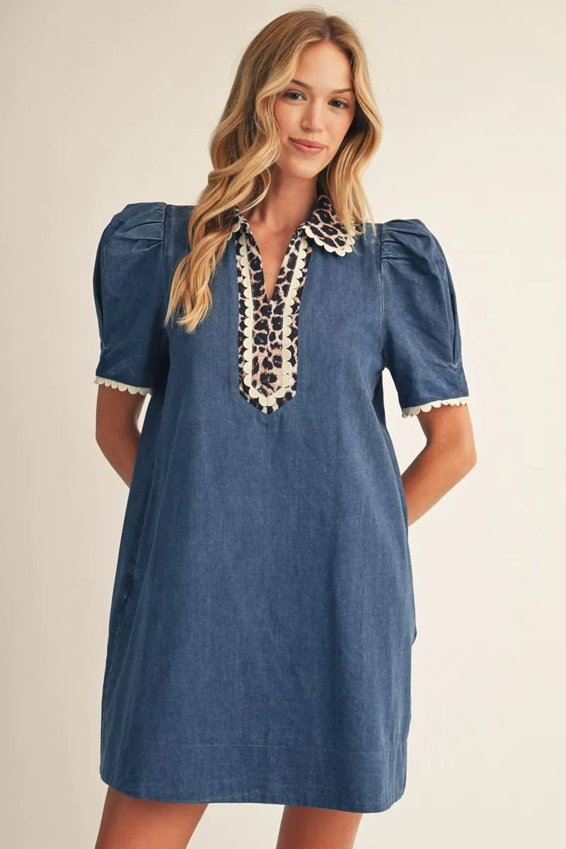 Leopard Collar Denim Dress