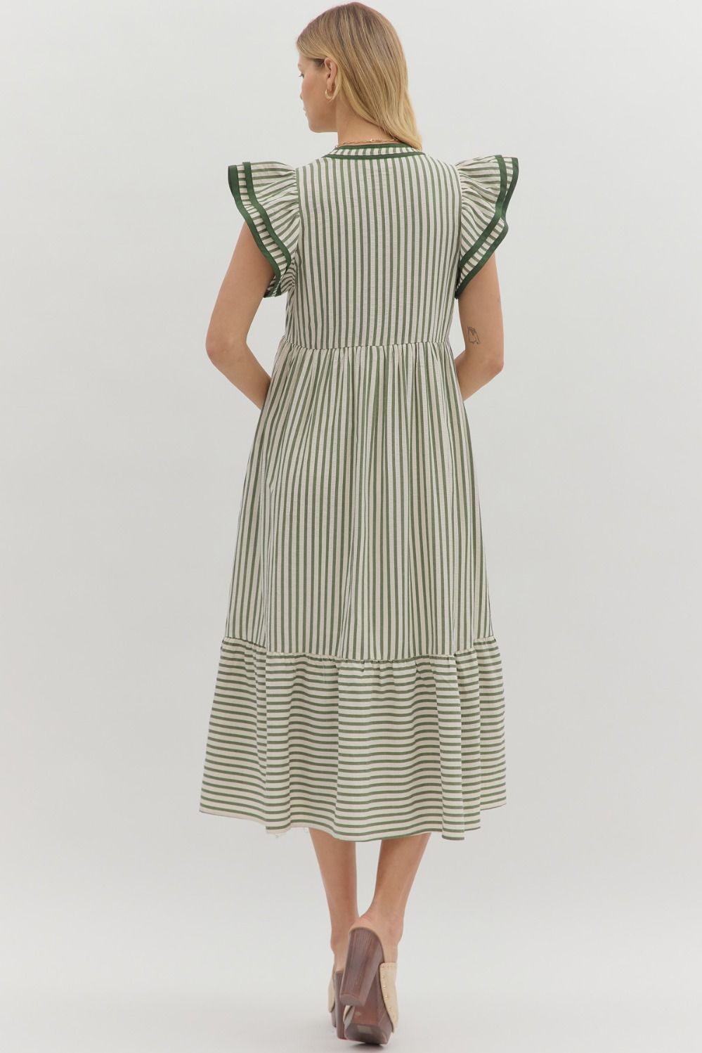 Olive Striped Flutter Dress