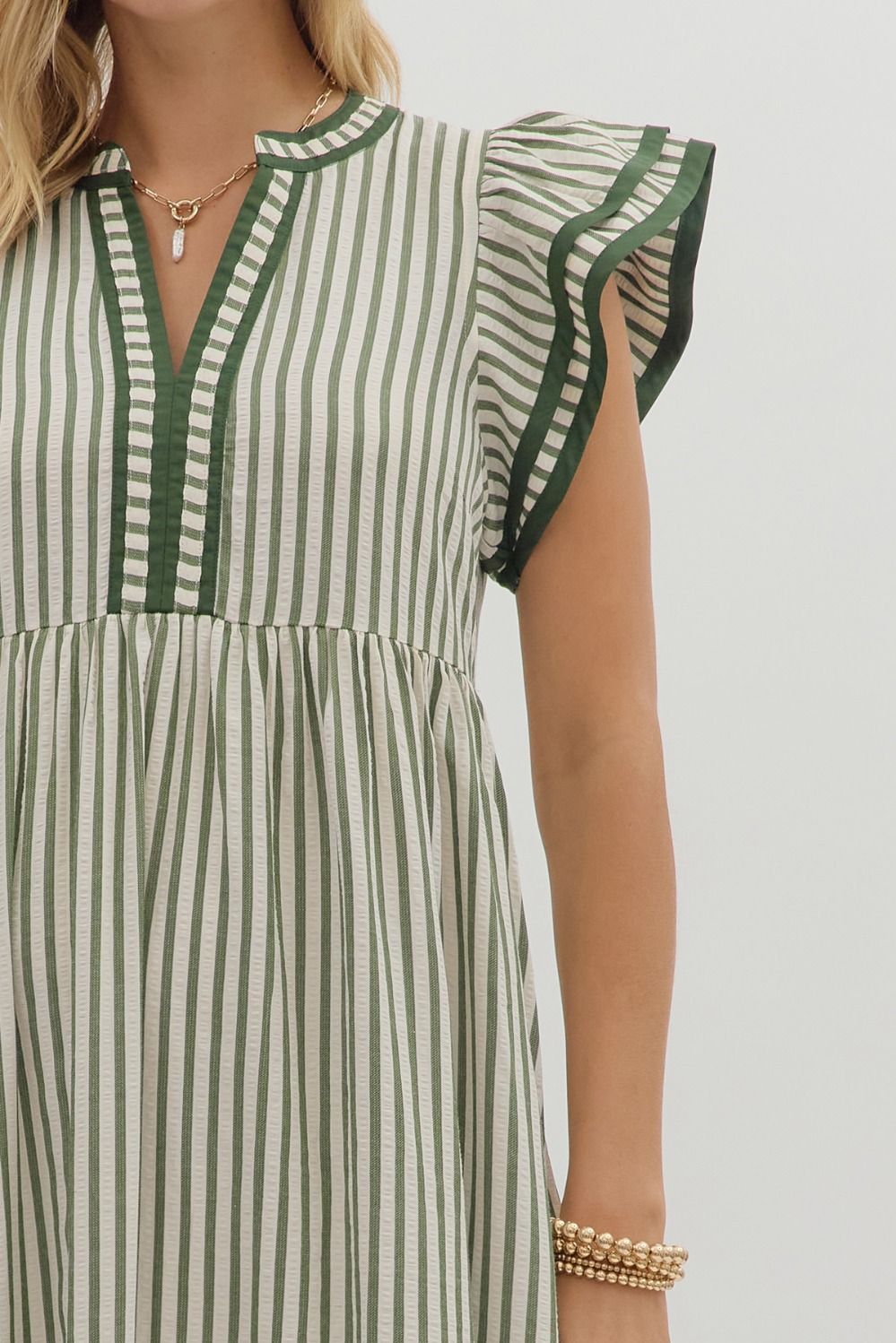 Olive Striped Flutter Dress