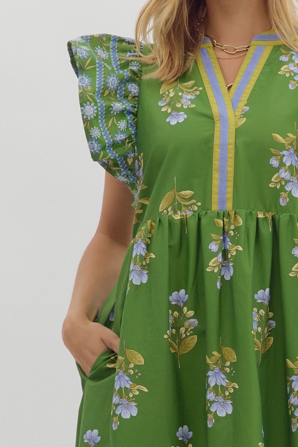 Green Floral Flutter Dress