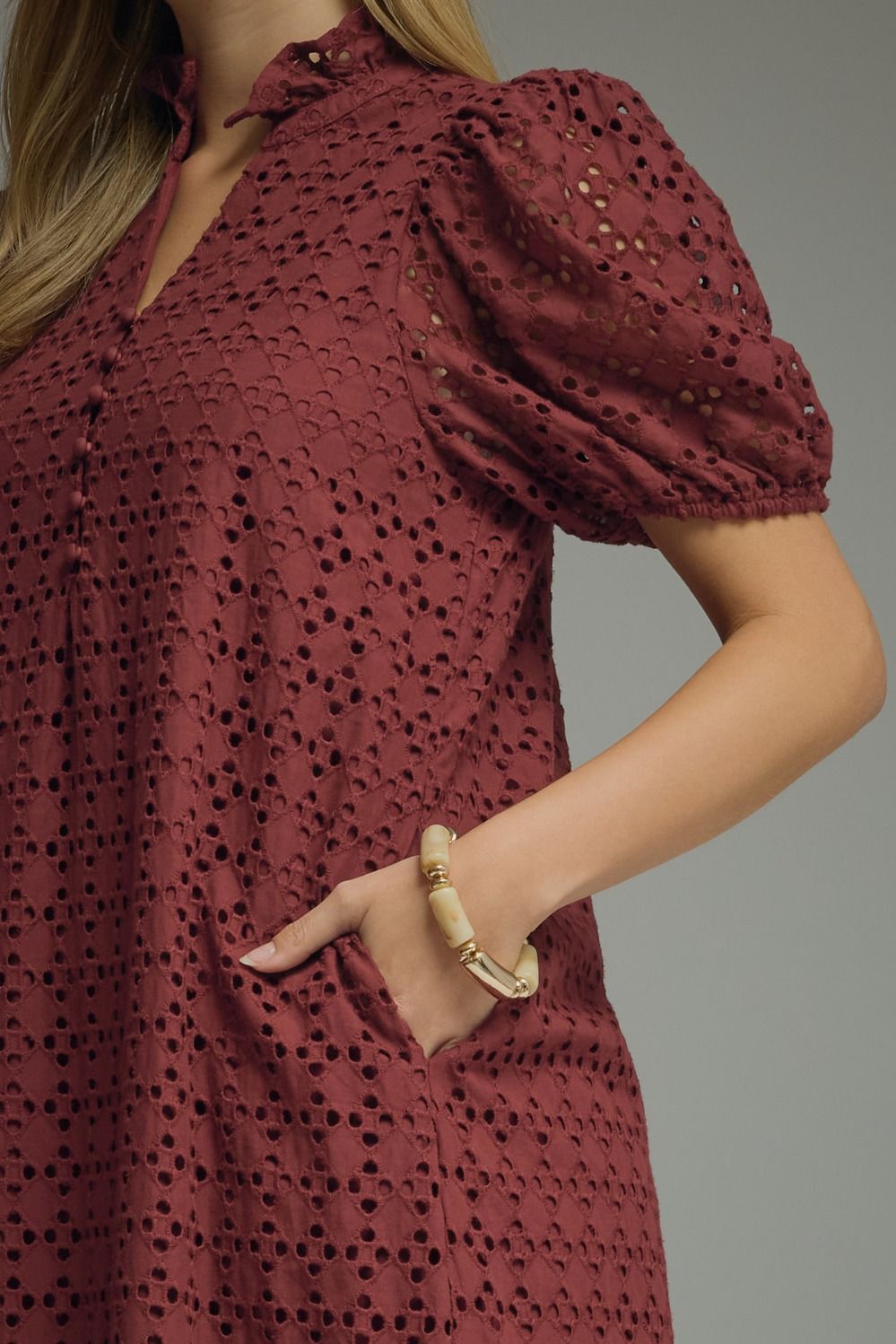 Burgundy Eyelet Puff Sleeve Dress