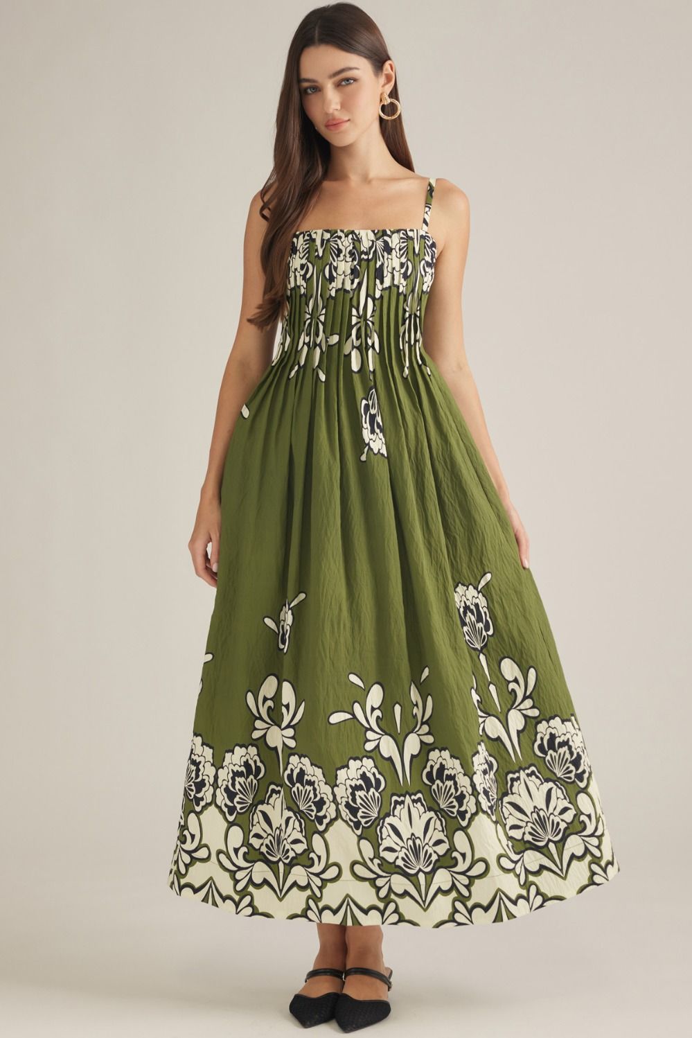Olive Floral Pleated Dress