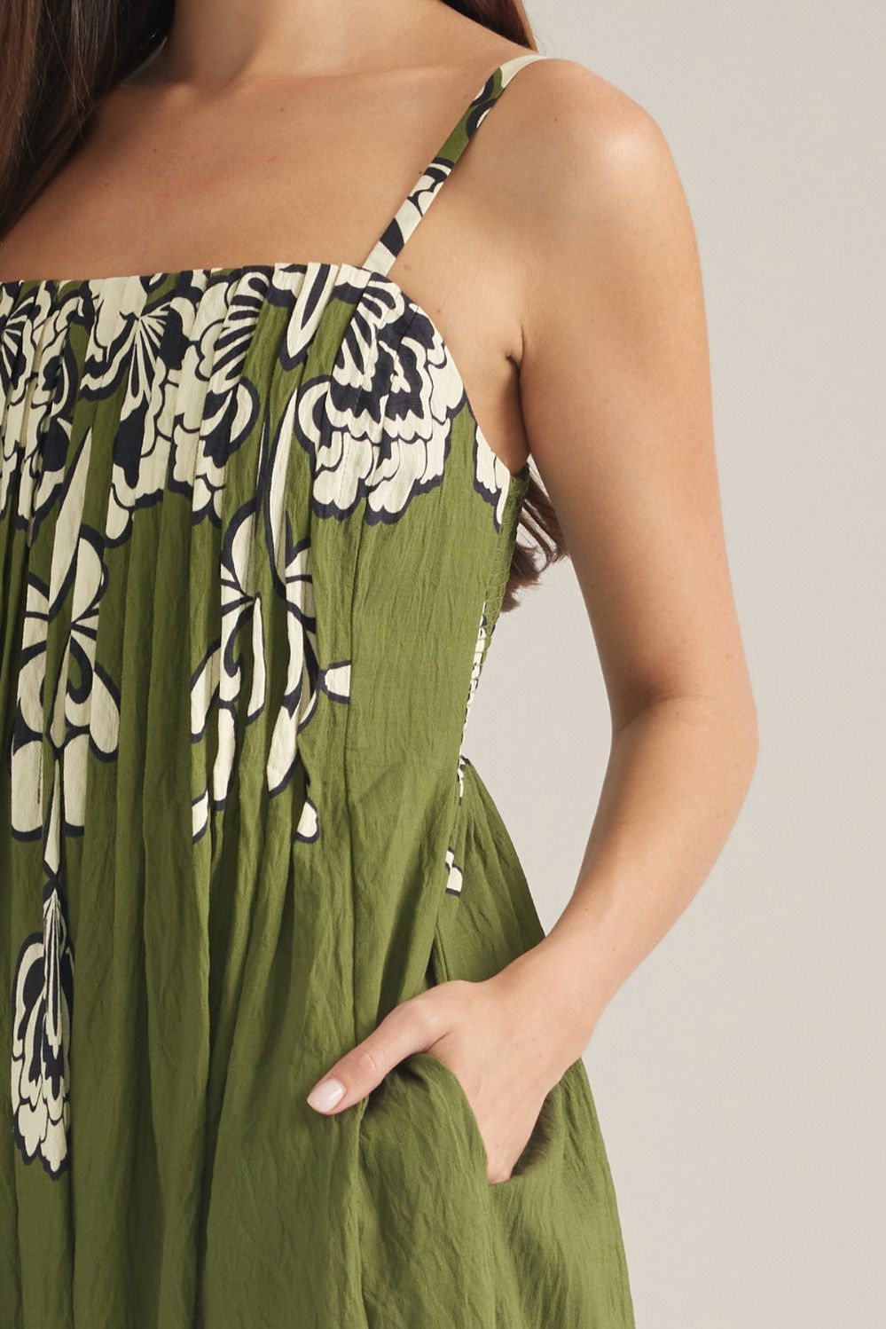 Olive Floral Pleated Dress