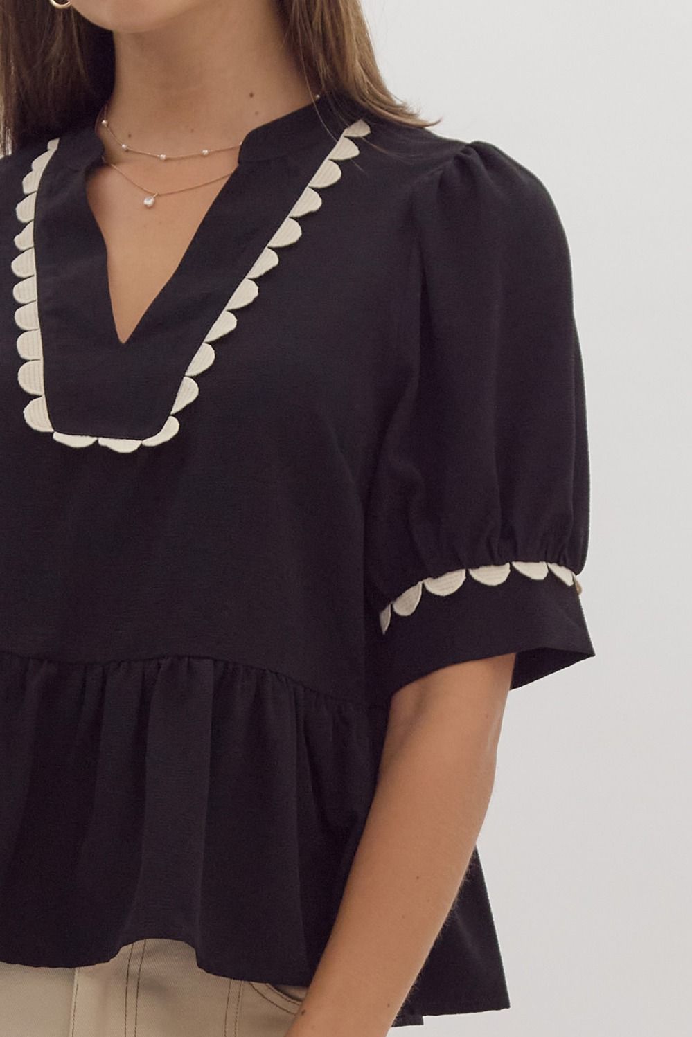 Black Scalloped Peplum Top