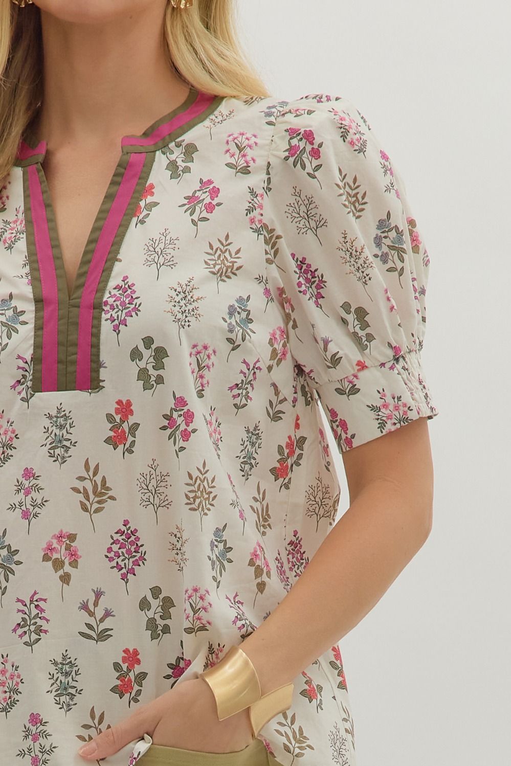 Cream Floral Puff Sleeve Top