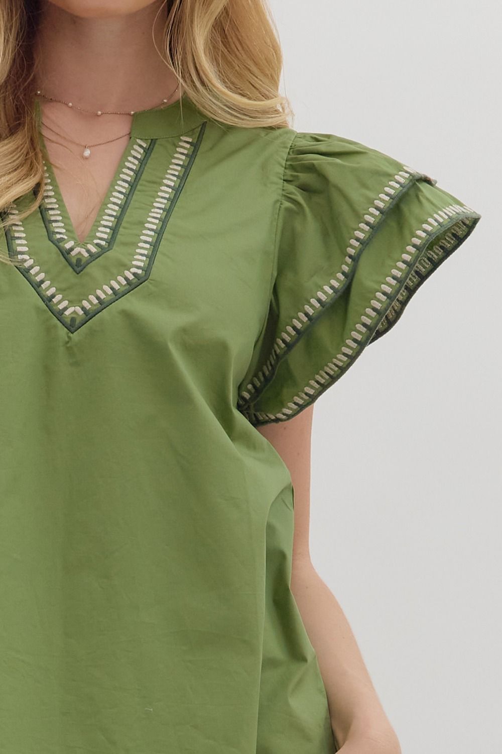 Olive Embroidered Ruffle Top