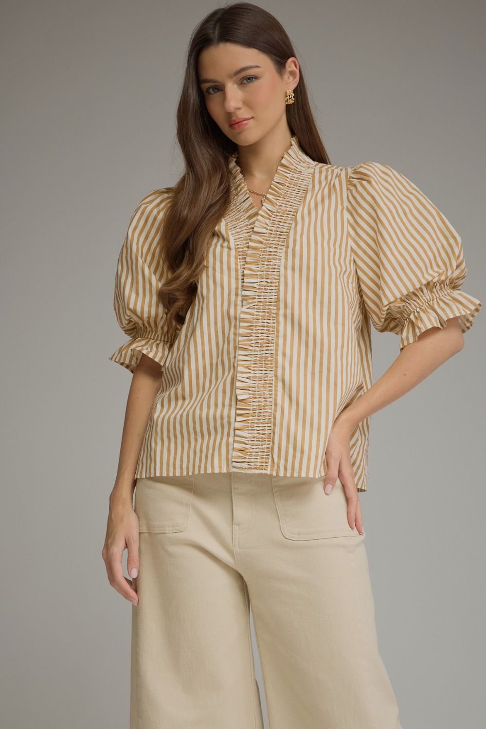 Tan Striped Ruffle Top