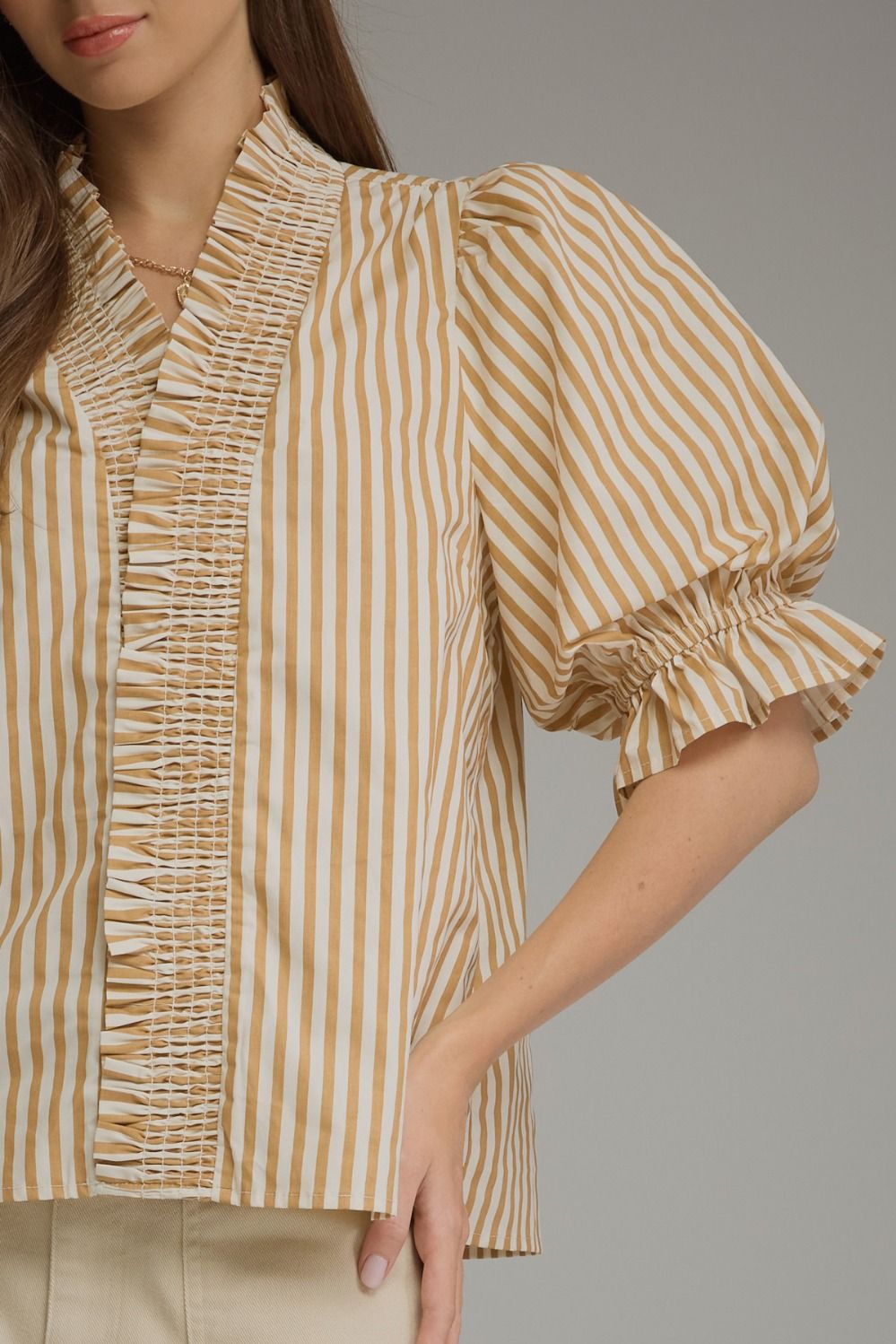 Tan Striped Ruffle Top