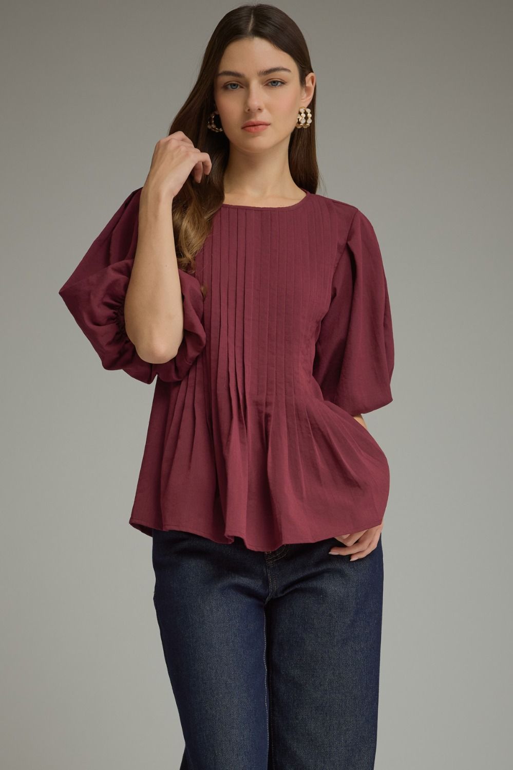 Merlot Pintuck Peplum Top