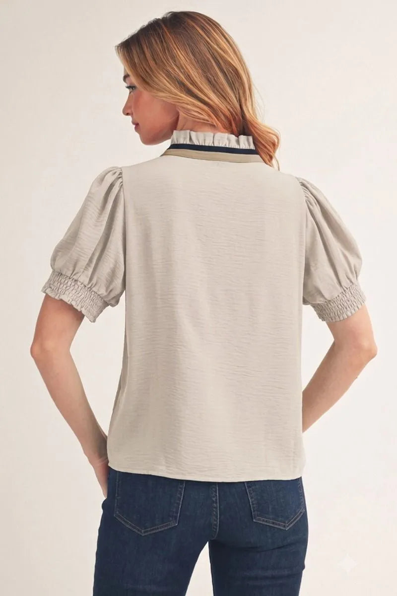 Contrast Trim Puff Sleeve Top