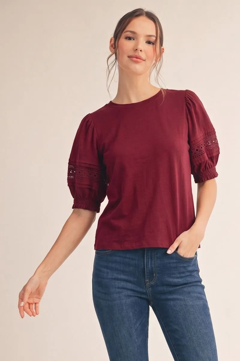 Burgundy Lace Detail Puff Top