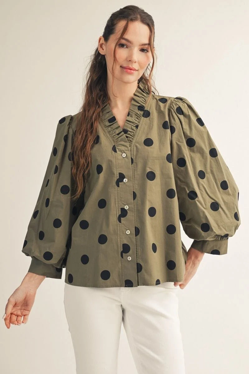 Ruffle Neckline Polka Dot Top