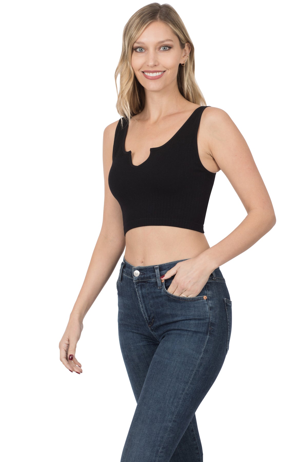 Ribbed Split Neck Crop Top