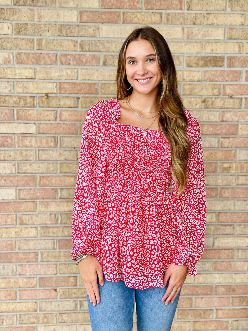 Red Smocked Square Top